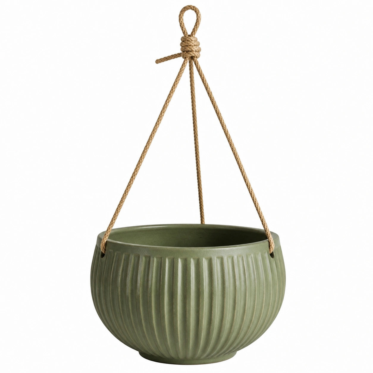 Pot de fleurs suspendu Ø 20 cm en céramique vert nervuré avec corde