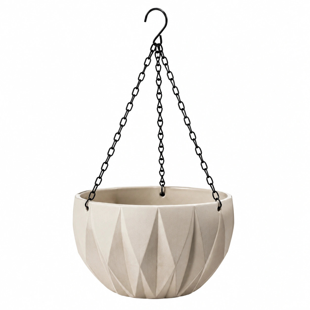 Pot de fleurs suspendu Ø30 cm en céramique beige avec chaînes métalliques style géométrique