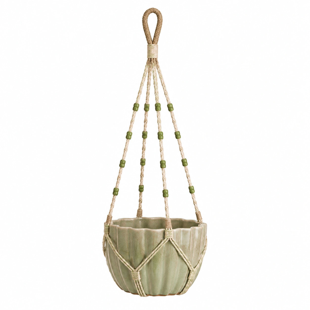 Pot de fleurs suspendu diamètre 16 cm en céramique verte avec cordon tressé style macramé
