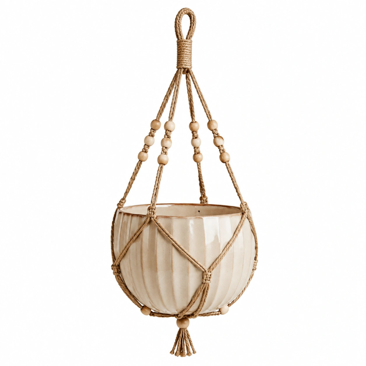 Cache-pot suspendu Ø18 x H14 cm en céramique beige avec corde tressée style bohème