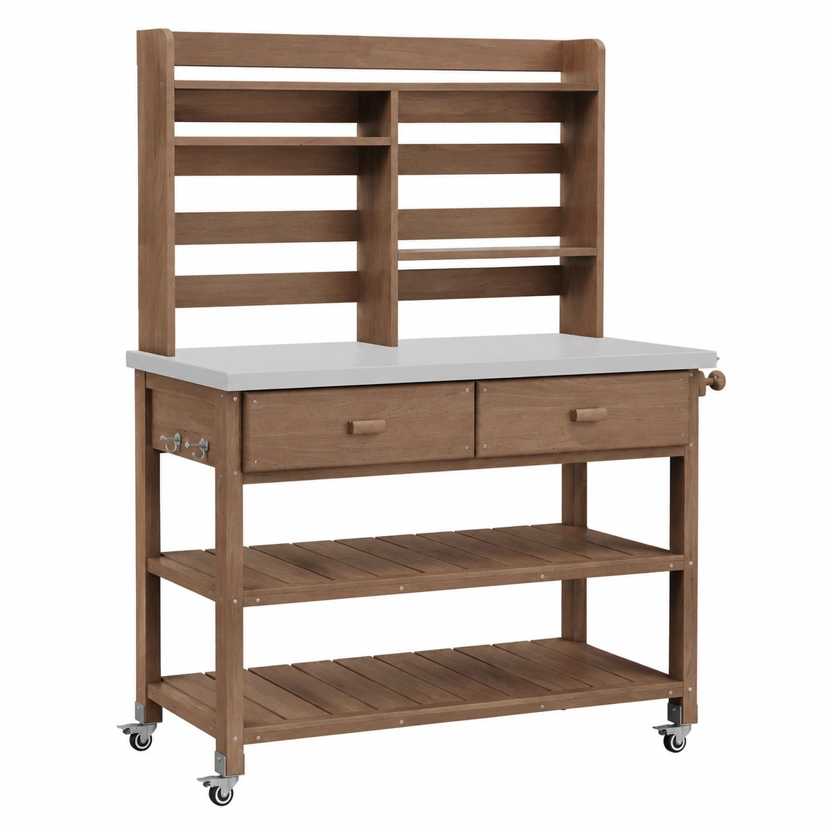 Table de jardinage 120 x 55 x 180 cm en bois marron avec plan de travail gris et roulettes