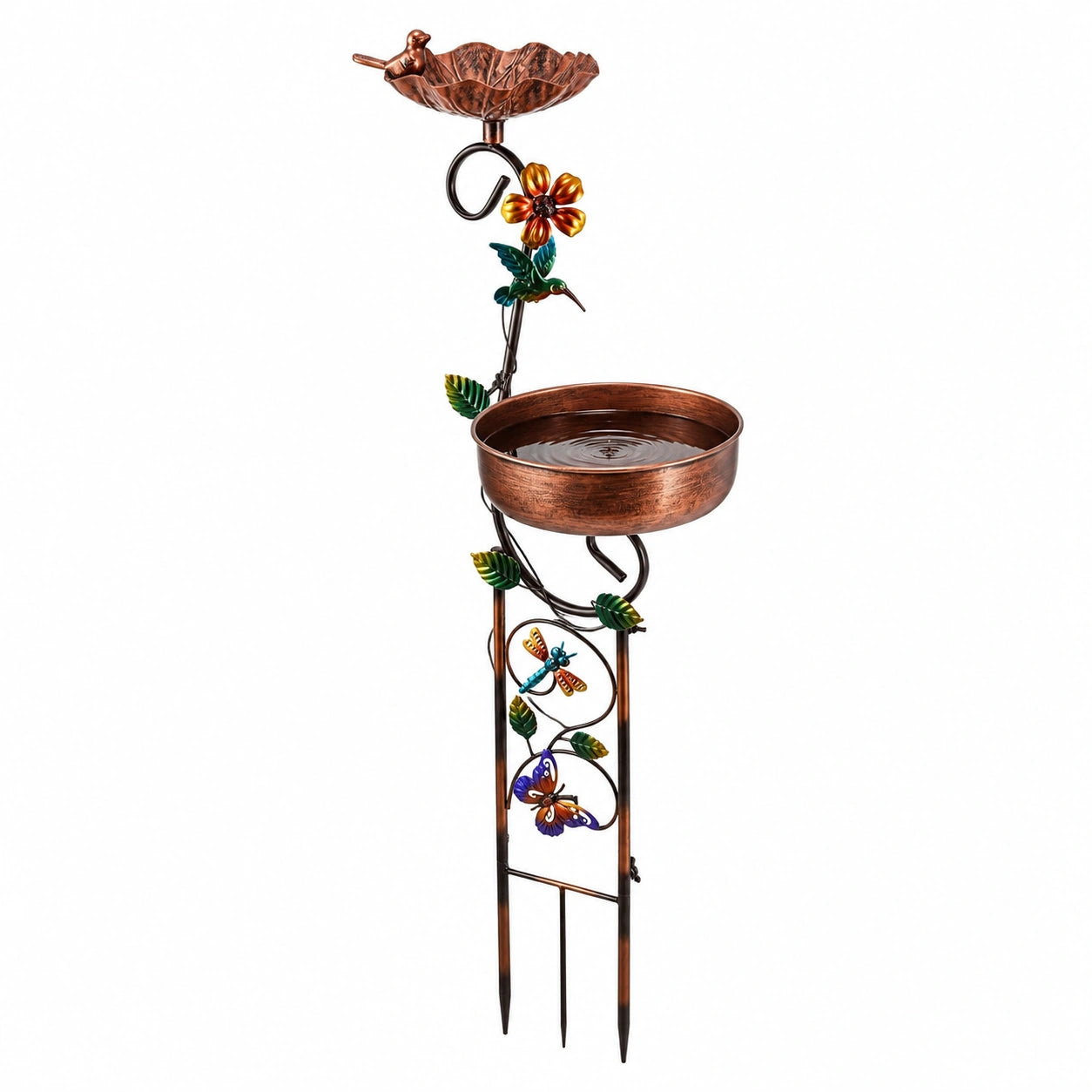 Bain d oiseaux de jardin 30 cm x 130 cm en métal brun décor floral sur piquet