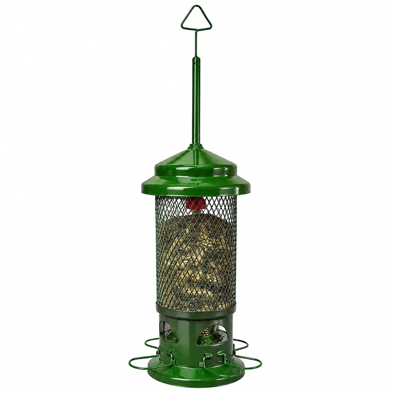 Mangeoire à oiseaux suspendue Ø 20 cm en métal vert avec grille pour graines